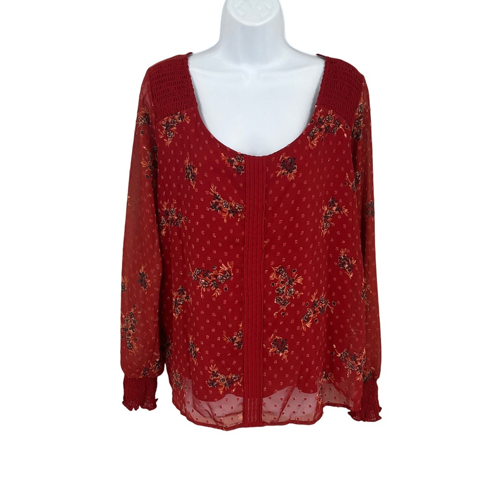 Lauren Conrad Blouse Womens L Red Floral Clip Dot Smocked Bohemian Romantic Airy